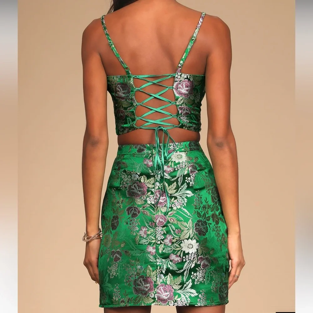 Sweetly Chic Green Floral Jacquard Two-Piece Mini Dress - Picture 5 of 14